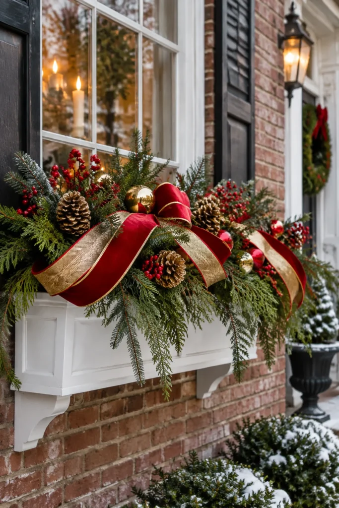 Luxurious Window Box with Evergreen, Pinecones, Berries, and Red and Gold Ribbon — Christmas Window Decor Outdoor
