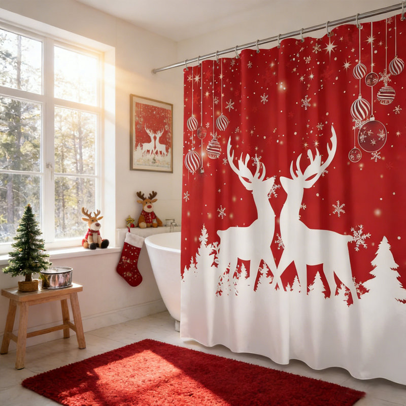 Bold Red Shower Curtain with White Reindeer Silhouette — Christmas Bathroom Decor