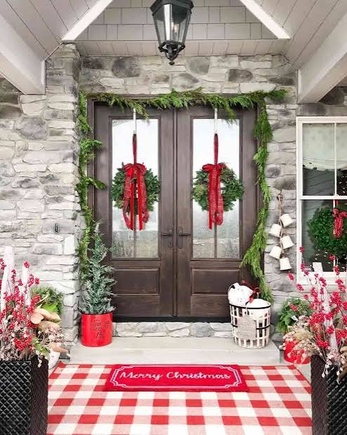 Traditional Stone House Entrance with Double Wreaths and Garlands — Christmas House Exterior Decor