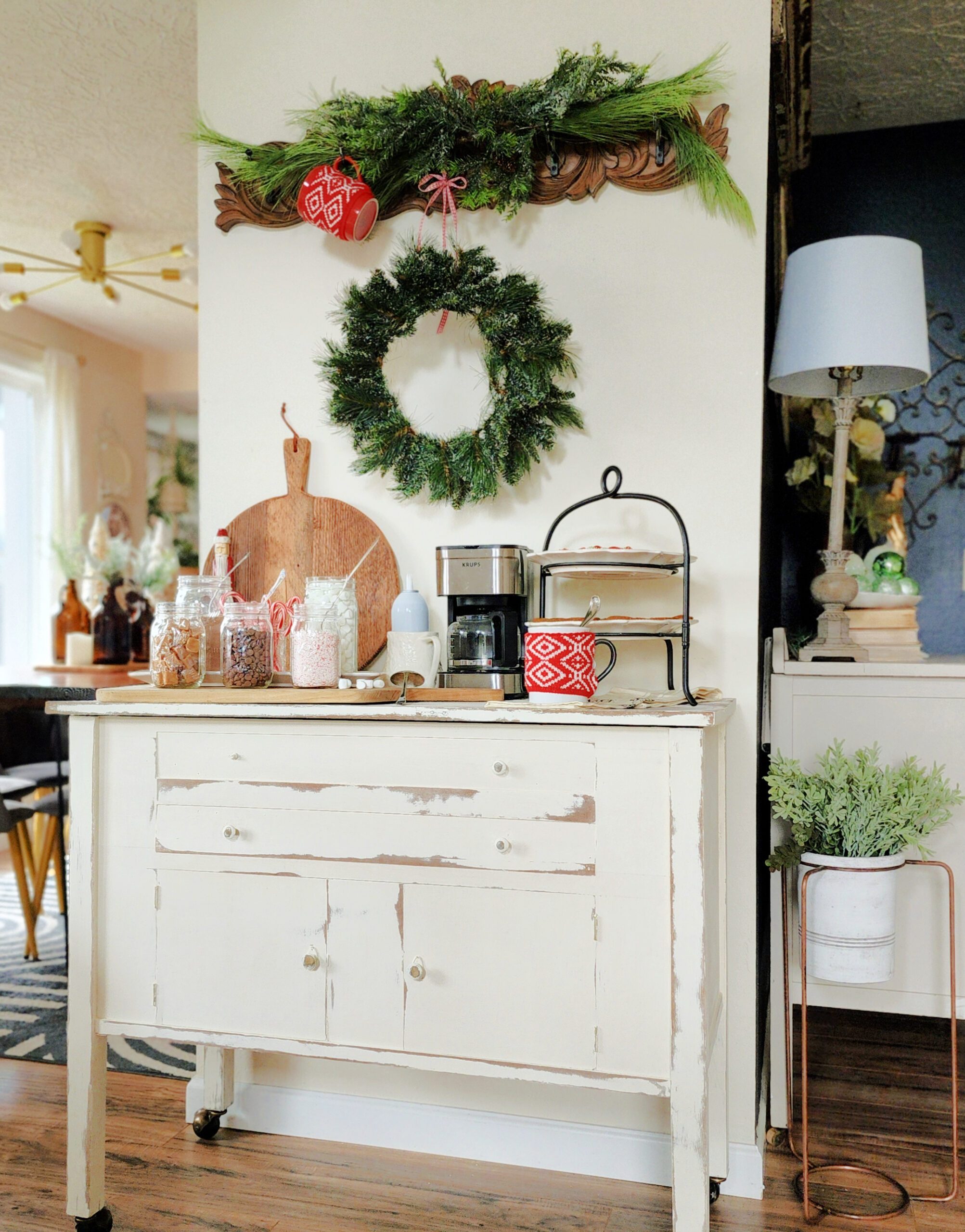 Farmhouse Hot Cocoa Bar on a Distressed White Cabinet Farmhouse Hot Cocoa Bar on a Distressed White Cabinet — Christmas Hot Cocoa Bar