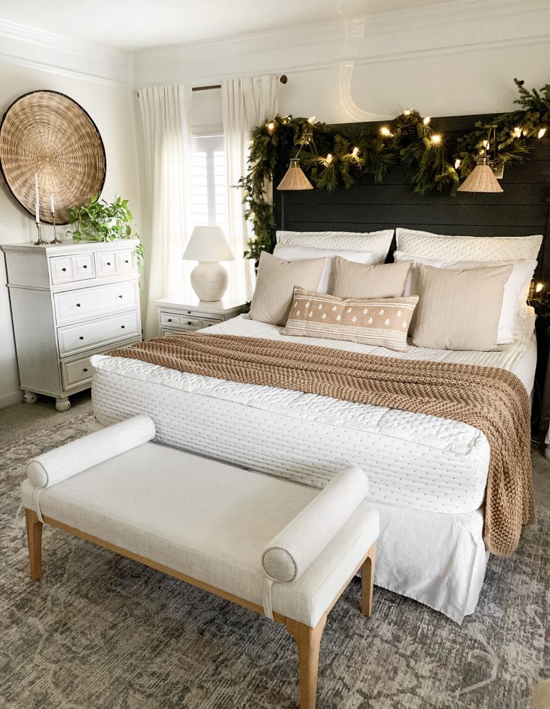 Modern Farmhouse Bedroom with Garland Headboard Modern Farmhouse Bedroom with Garland Headboard — Simple Christmas Decor