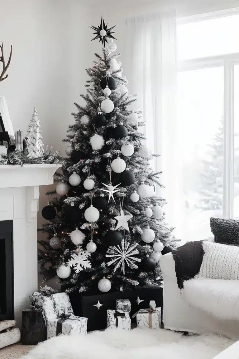 Modern Living Room with a Monochromatic Black and White Christmas Tree Modern Living Room with a Monochromatic Black and White Christmas Tree — White Christmas Decor