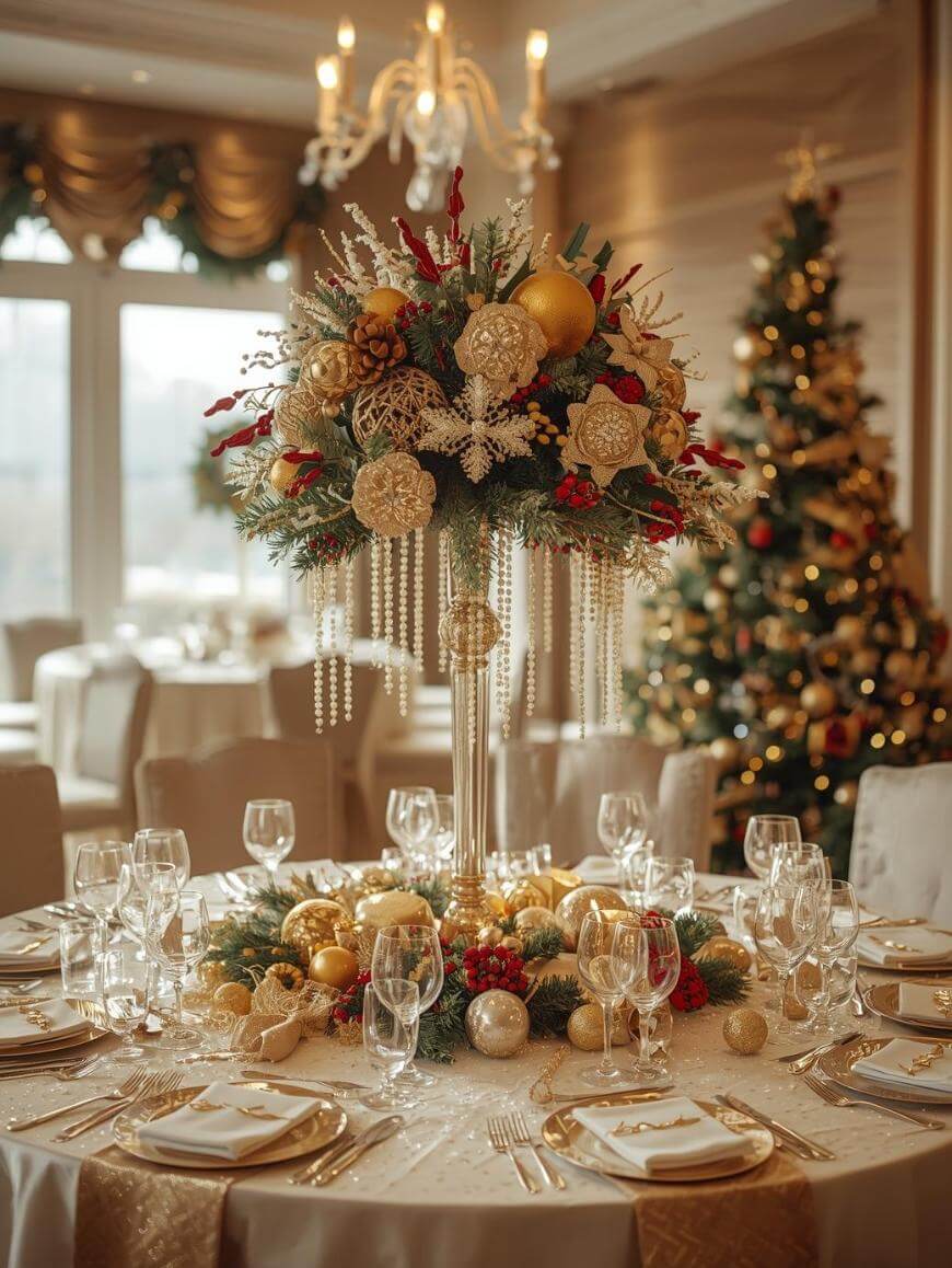 Glamorous Tall Centerpiece with Gold Ornaments and Snowflakes Glamorous Tall Centerpiece with Gold Ornaments and Snowflakes — Christmas Wedding Centerpiece