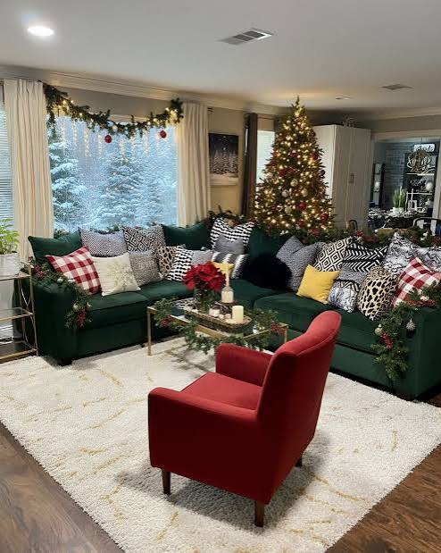 Modern Living Room with Green Sectional and Red Accents — Red and Green Christmas Decor
