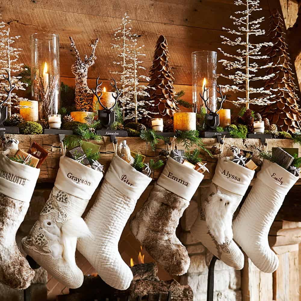 Layered Luxe Rustic Mantel with Fur and Embroidered Stockings — Christmas Stockings Display