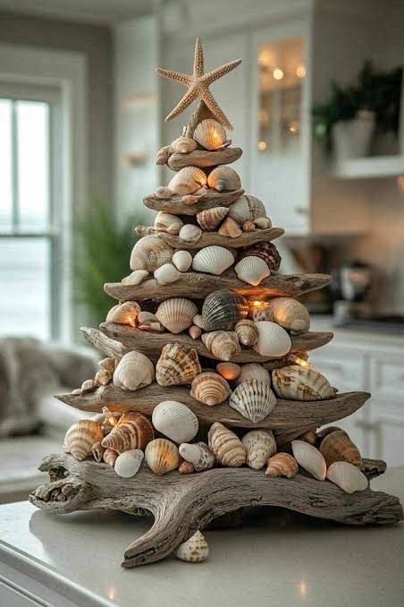 Driftwood and Seashell Christmas Tree Sculpture — Coastal Christmas Tree