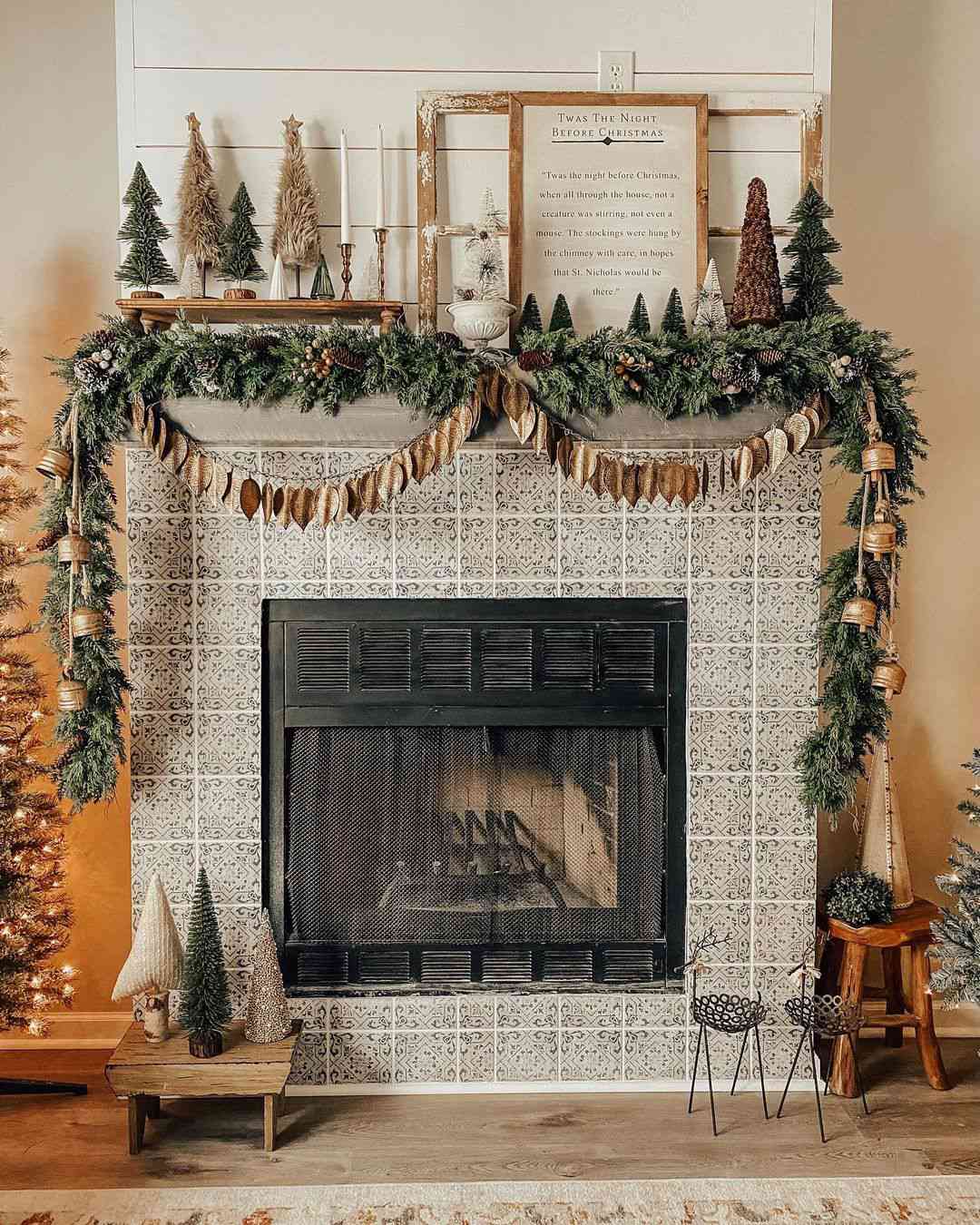 Farmhouse Garland with Gold Bells on a Tiled Mantel Farmhouse Garland with Gold Bells on a Tiled Mantel — Christmas Garland