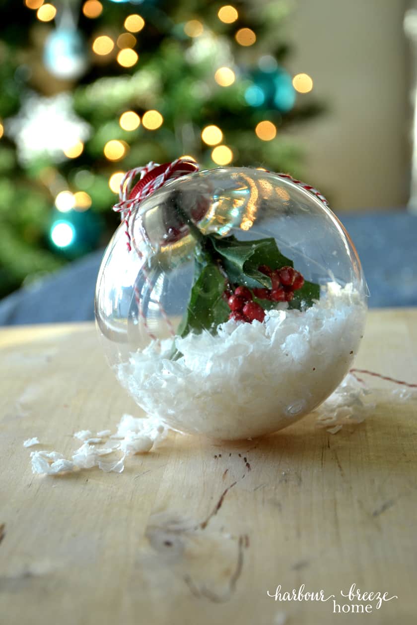 Minimalist Clear Ornament with Faux Snow and Holly Minimalist Clear Ornament with Faux Snow and Holly — Christmas Crafts for Adults