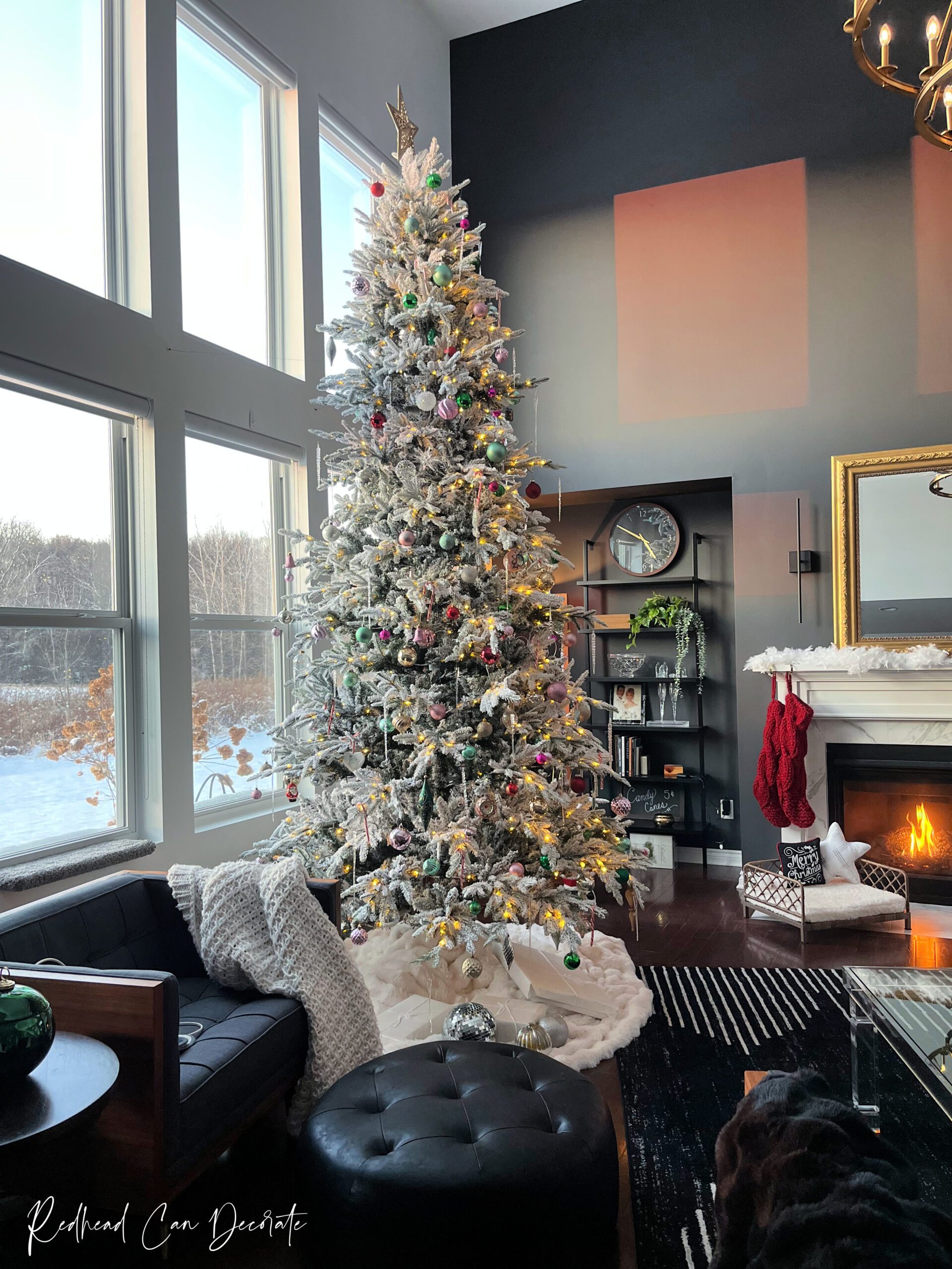 Spacious Modern Living Room with Tall Flocked Tree — Flocked Christmas Tree Decor
