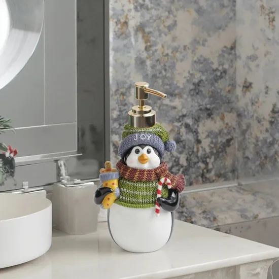 Whimsical Penguin Soap Dispenser with Festive Hat — Christmas Bathroom Decor
