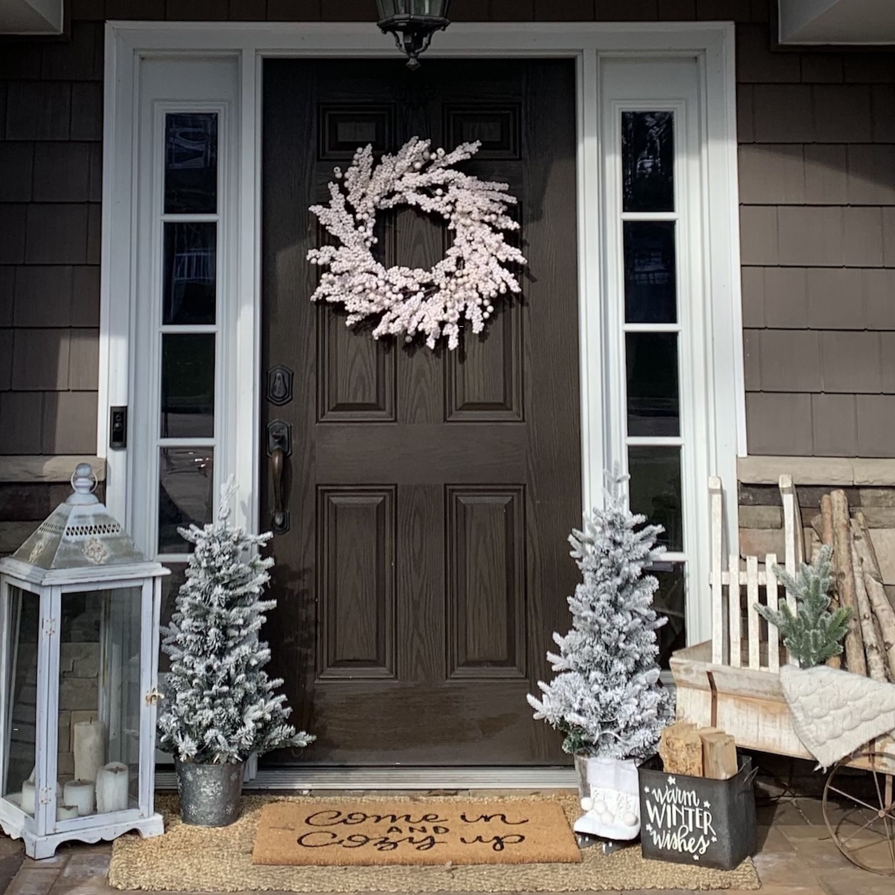 Minimalist Christmas Porch with Flocked Wreath and Trees — Christmas Porch Decor