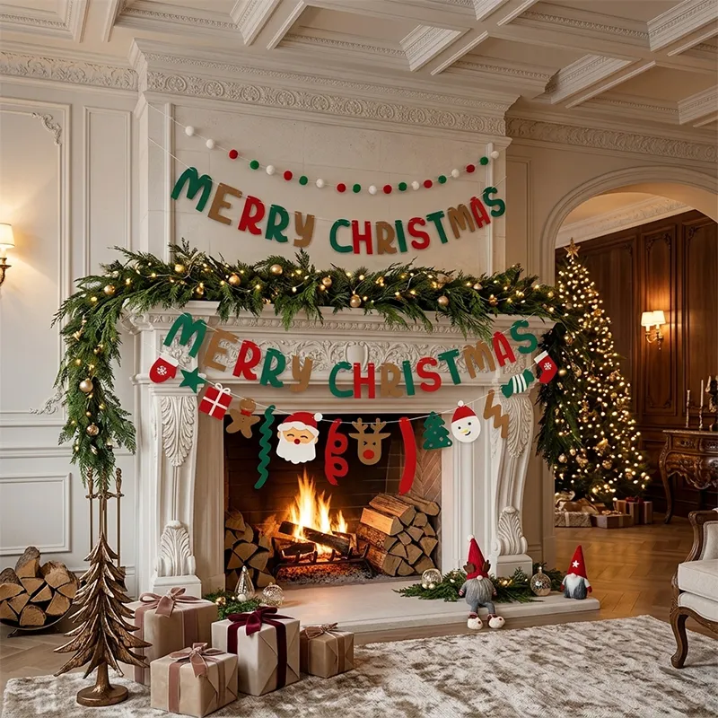Layered Banners and Garland Above Fireplace — Christmas Wall Decor