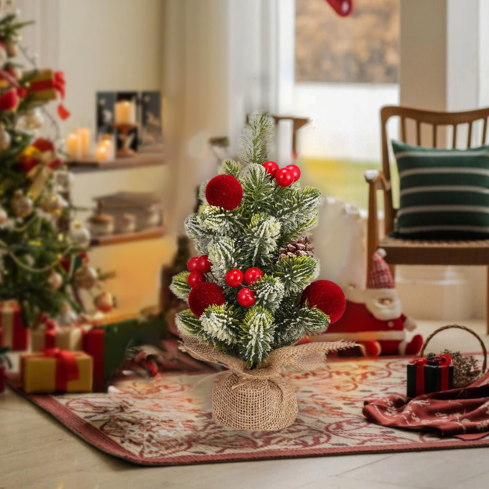 Rustic Flocked Mini Tree on a Rug — Tabletop Christmas Tree Decor
