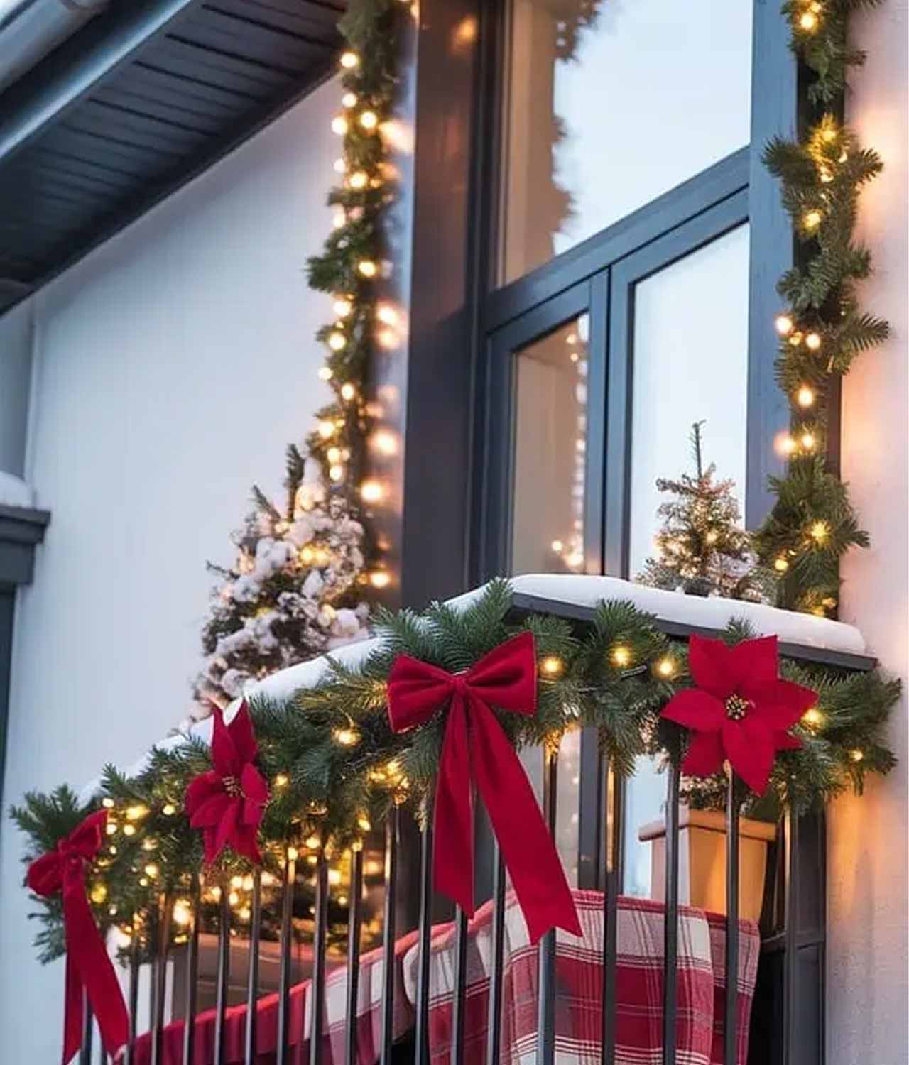 Festive Balcony Railing with Garland and Poinsettias Festive Balcony Railing with Garland and Poinsettias — Christmas Balcony Decor