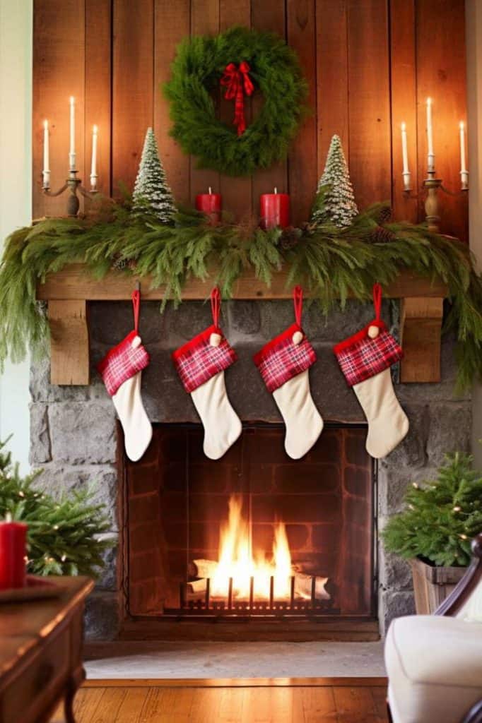 Farmhouse Mantel with Pine Garland, Wreath, and Plaid Stockings Farmhouse Mantel with Pine Garland, Wreath, and Plaid Stockings — Farmhouse Christmas Mantel