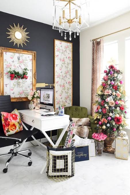Eclectic Home Office with a Large Christmas Tree Eclectic Home Office with a Large Christmas Tree — Christmas Home Office Decor