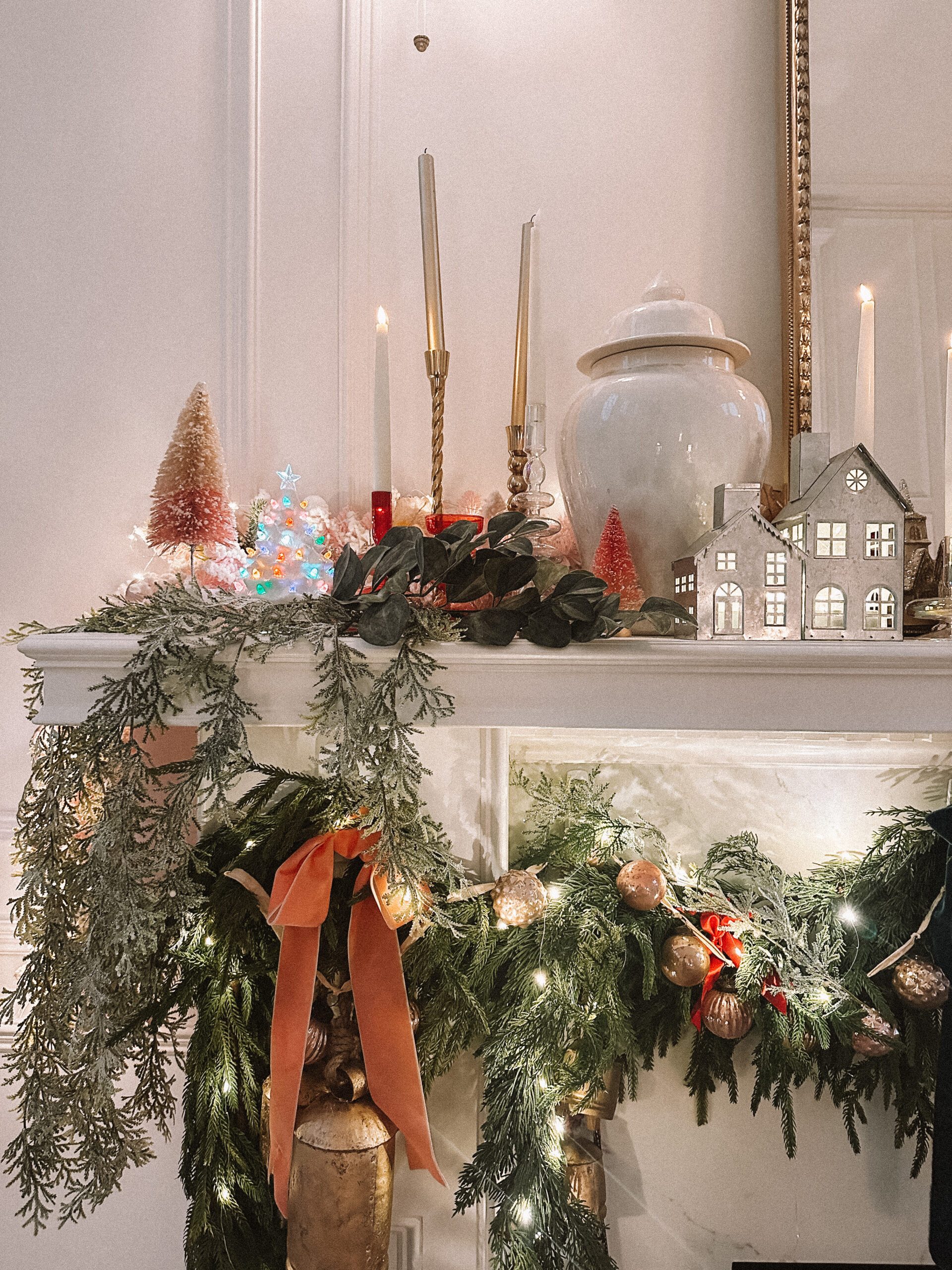 Festive Mantel with Whimsical Bottle Brush Trees and Velvet Ribbon — Christmas Mantel Decor