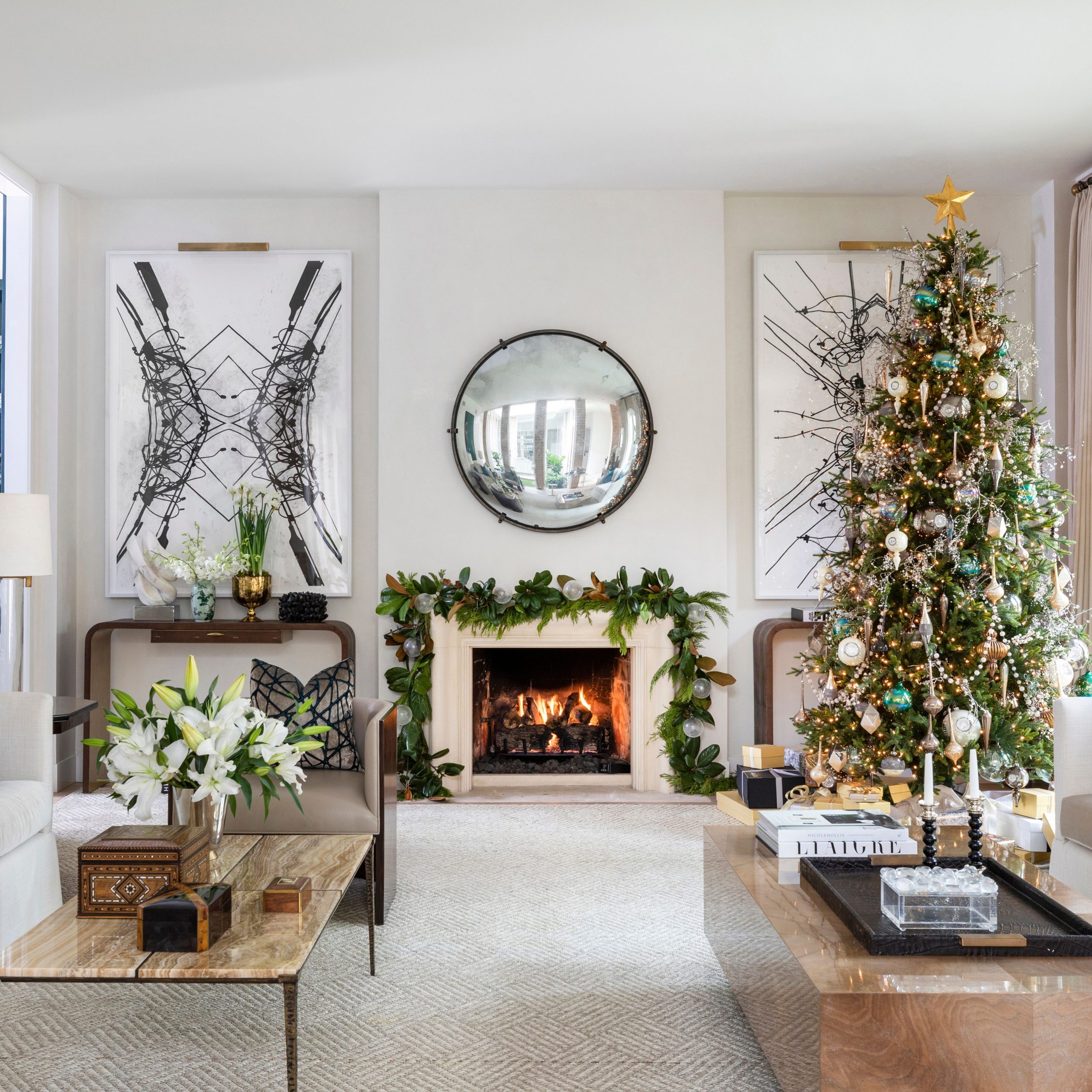 Elegant Living Room with a Modern Teal and Gold Christmas Tree — Christmas Living Room Decor