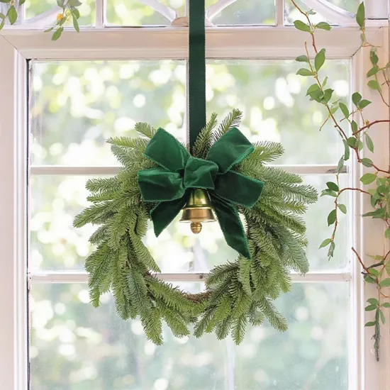 Elegant Evergreen Wreath with Velvet Bow and Golden Bell — Christmas Window Wreaths