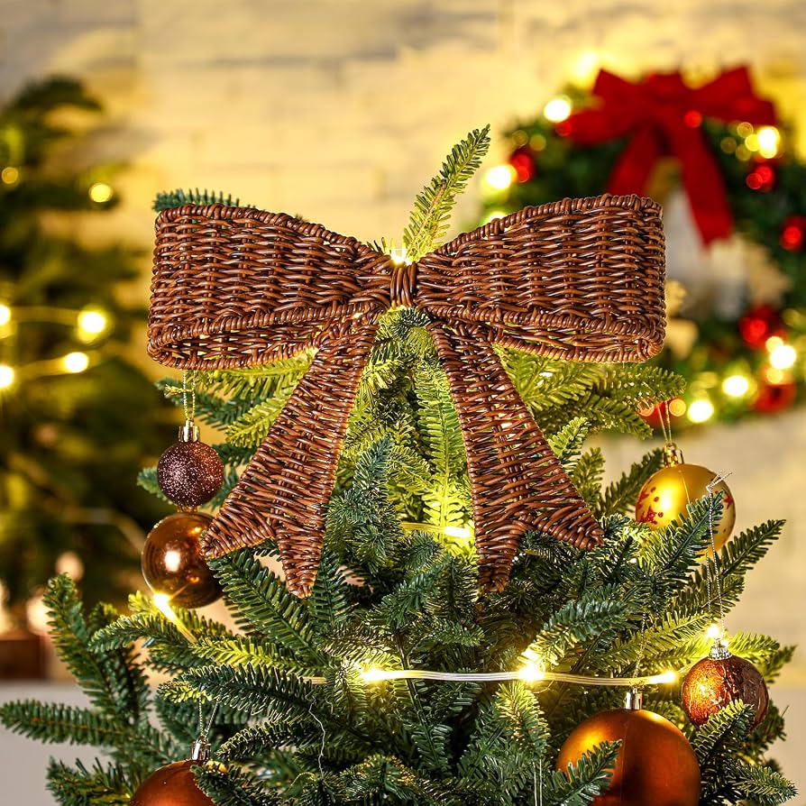Rustic Woven Rattan Bow for Farmhouse Charm — Bow Christmas Tree Topper