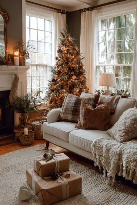 Rustic Living Room with Natural Christmas Tree and Gifts — Cozy Christmas Decor