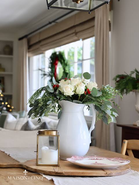 White Ceramic Pitcher with Festive Floral Arrangement — Rustic Christmas Decor