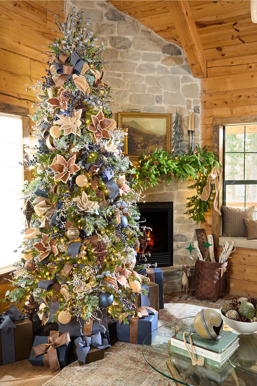 Luxurious Farmhouse Tree with Blue and Gold Accents — Rustic Christmas Tree