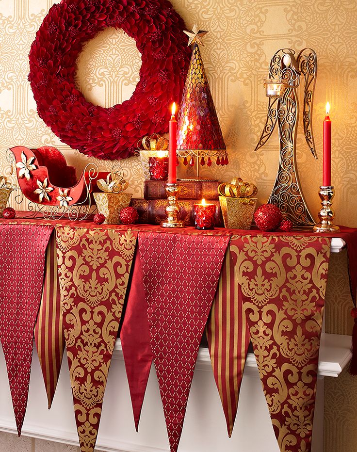Traditional Mantelpiece Display with Red Wreath and Gold Angel Traditional Mantelpiece Display with Red Wreath and Gold Angel — Red and Gold Christmas Decor