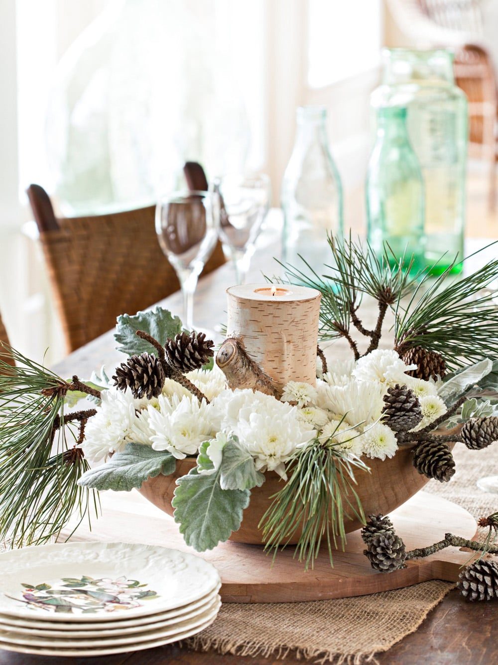 Rustic Wooden Bowl Arrangement with White Flowers and Pine Rustic Wooden Bowl Arrangement with White Flowers and Pine — Simple Christmas Centerpiece