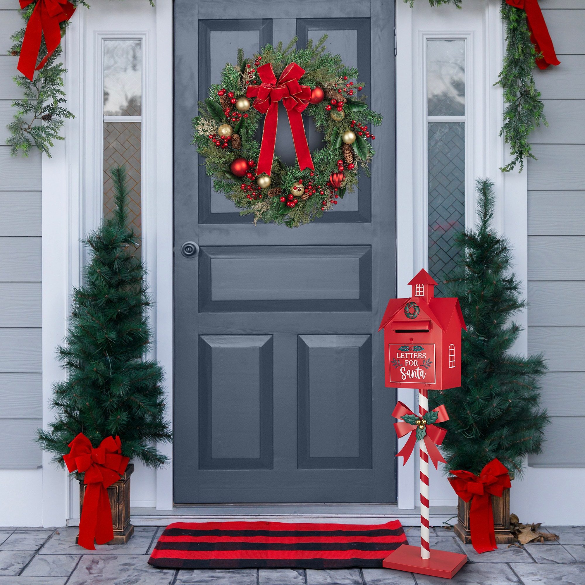 Red Mailbox on Front Porch with Christmas Wreath and Trees — Christmas Mailbox Decor