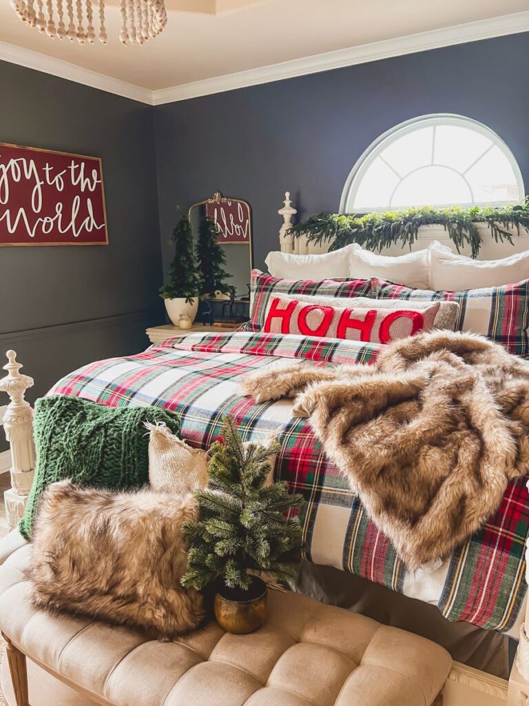 Modern Farmhouse Bedroom with Plaid Bedding and Faux Fur — Cozy Christmas Decor