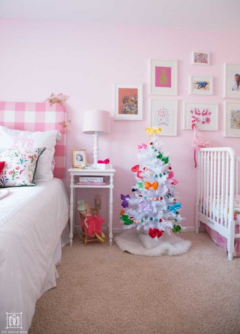 White Christmas Tree with Colorful Bows and Pink Gingham Headboard — Kids Bedroom Christmas Decor