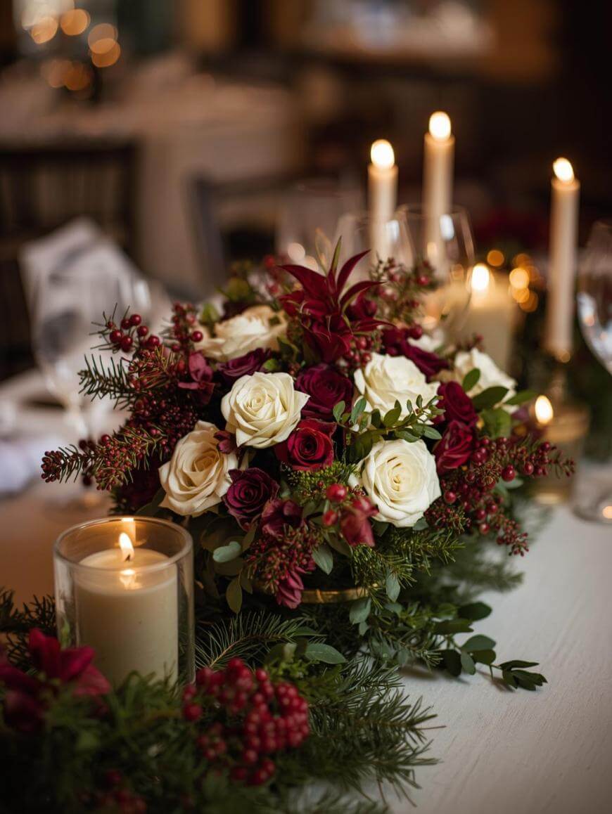 Classic Floral Centerpiece with Berries and Pillar Candle Classic Floral Centerpiece with Berries and Pillar Candle — Christmas Wedding Centerpiece