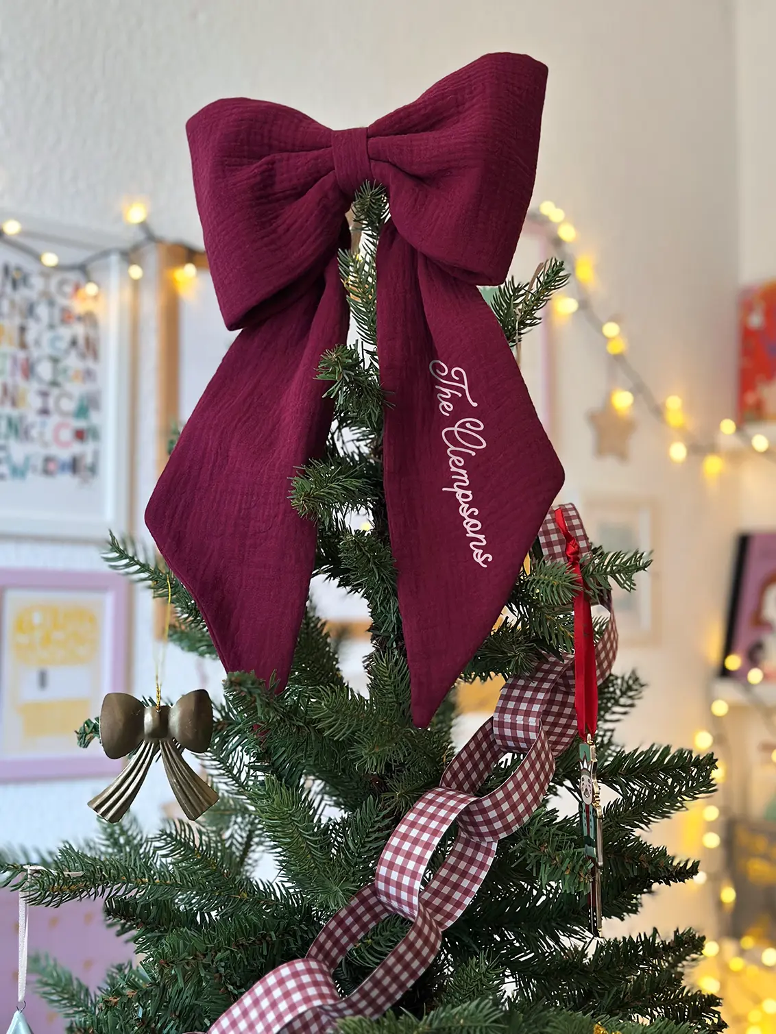 Modern Rustic Burgundy Fabric Bow with Personalization — Bow Christmas Tree Topper