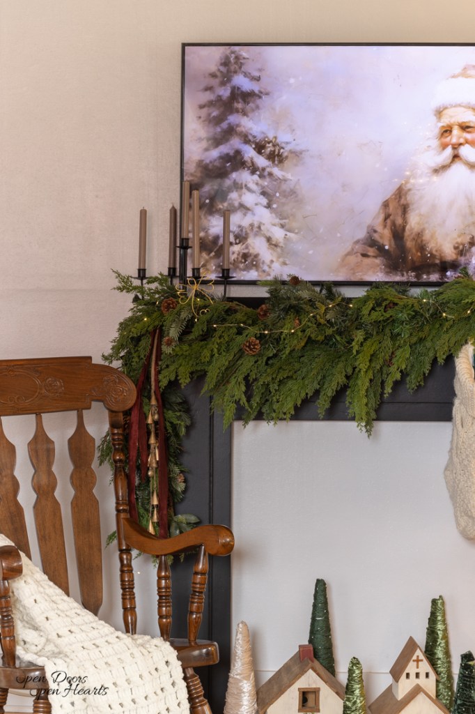 Lush Green Garland with Fairy Lights on Fireplace Mantel — Rustic Christmas Decor