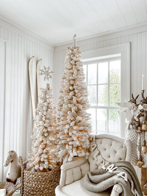 Farmhouse Corner with Two Tall Flocked White Christmas Trees Farmhouse Corner with Two Tall Flocked White Christmas Trees — White Christmas Decor