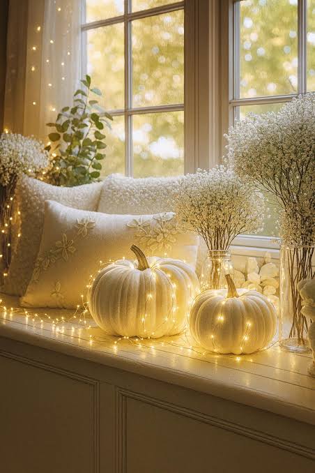 Boho Window Sill with Fairy Lights and Plush Pumpkins — Christmas Fairy Lights Window
