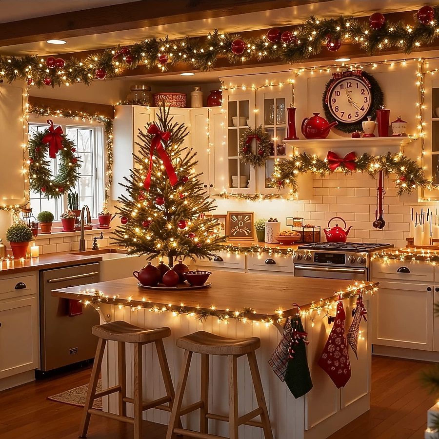 Festive Kitchen Island Display with a Decorated Christmas Tree Festive Kitchen Island Display with a Decorated Christmas Tree — Christmas Tree Lights