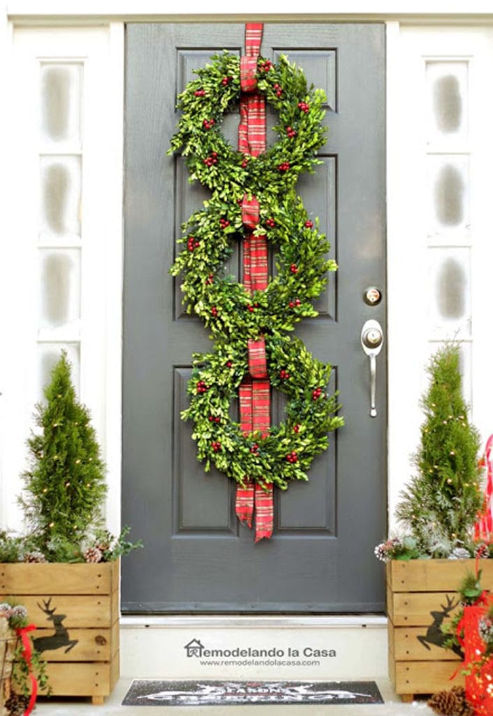 Modern Farmhouse Door with Stacked Boxwood Wreaths and Plaid Ribbon — Simple Christmas Outdoor Decor