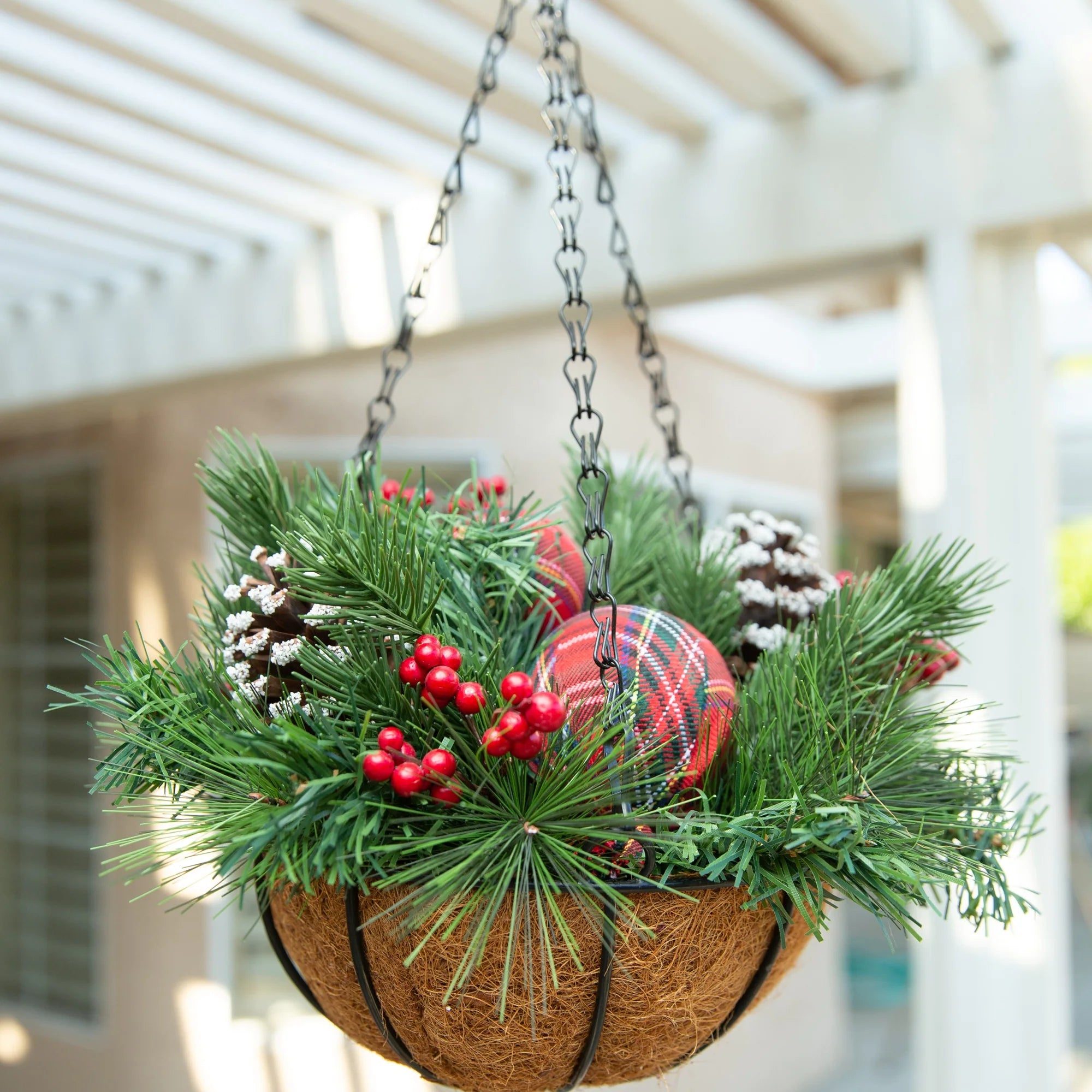 Festive Hanging Basket with Pine Boughs and Plaid Ornaments Festive Hanging Basket with Pine Boughs and Plaid Ornaments — Christmas Yard Decor