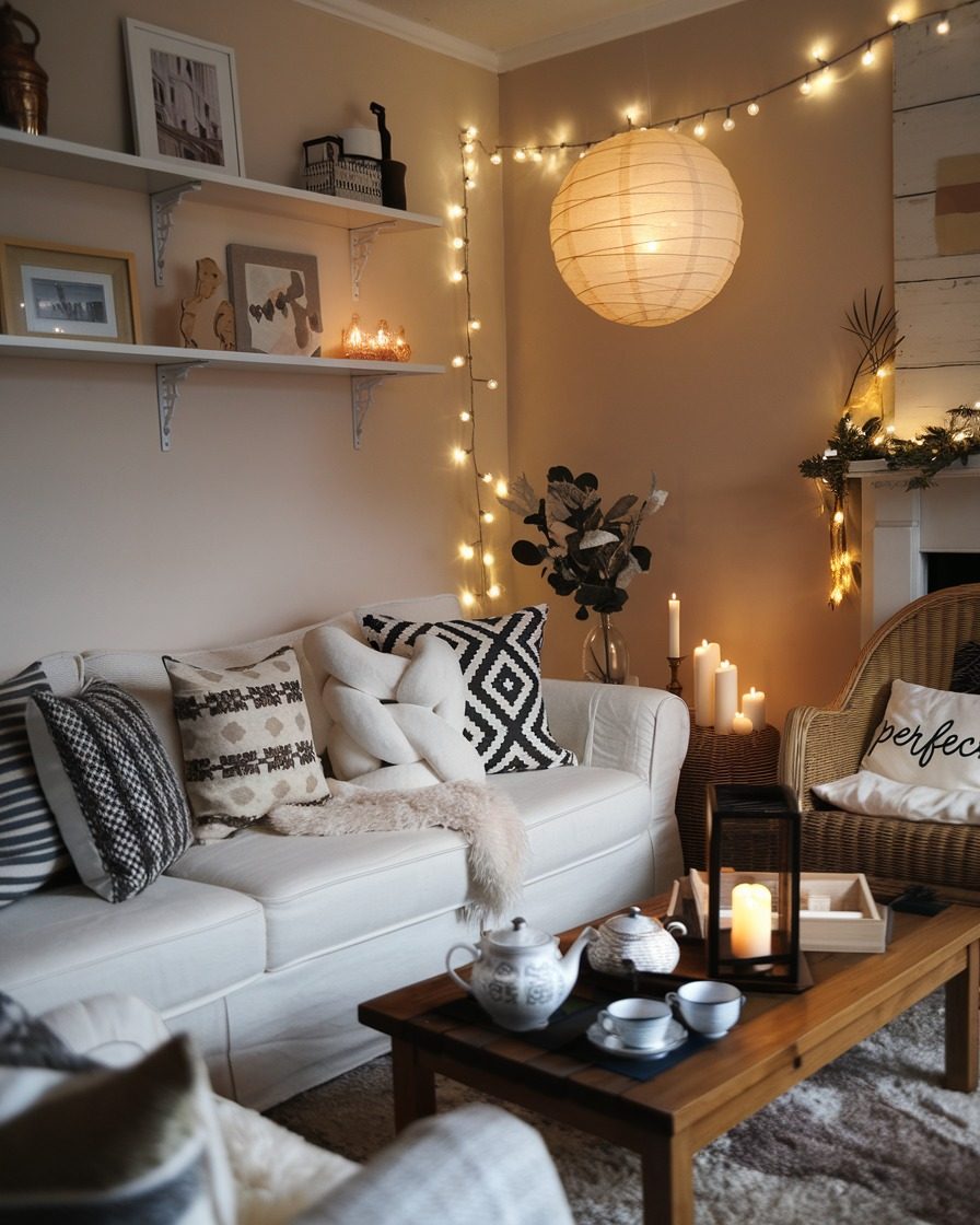Boho Ambiance with Cascading Fairy Lights and Paper Lanterns — Christmas Fairy Lights Living Room