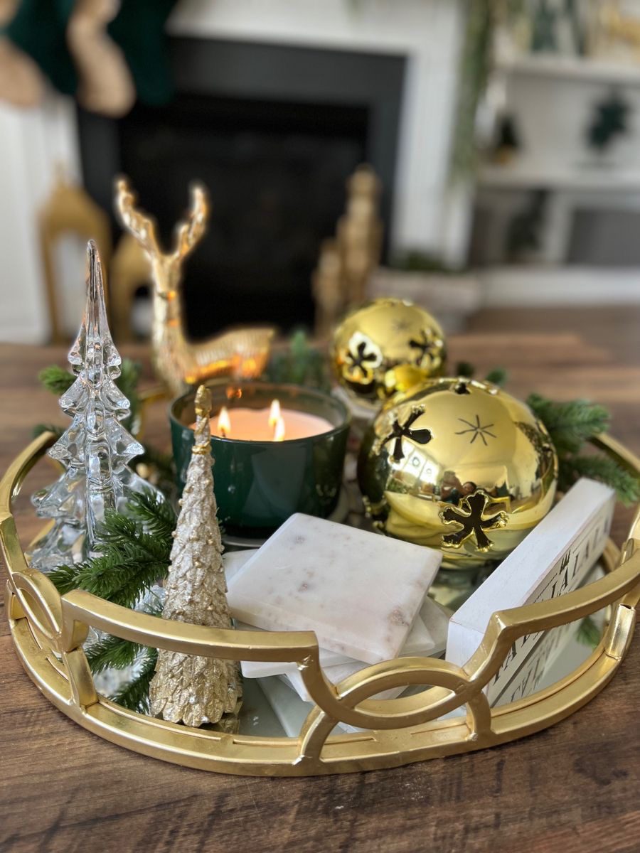 Glamorous Christmas Tray Decor with Ornaments Glamorous Christmas Tray Decor with Ornaments — Christmas Coffee Table Decor