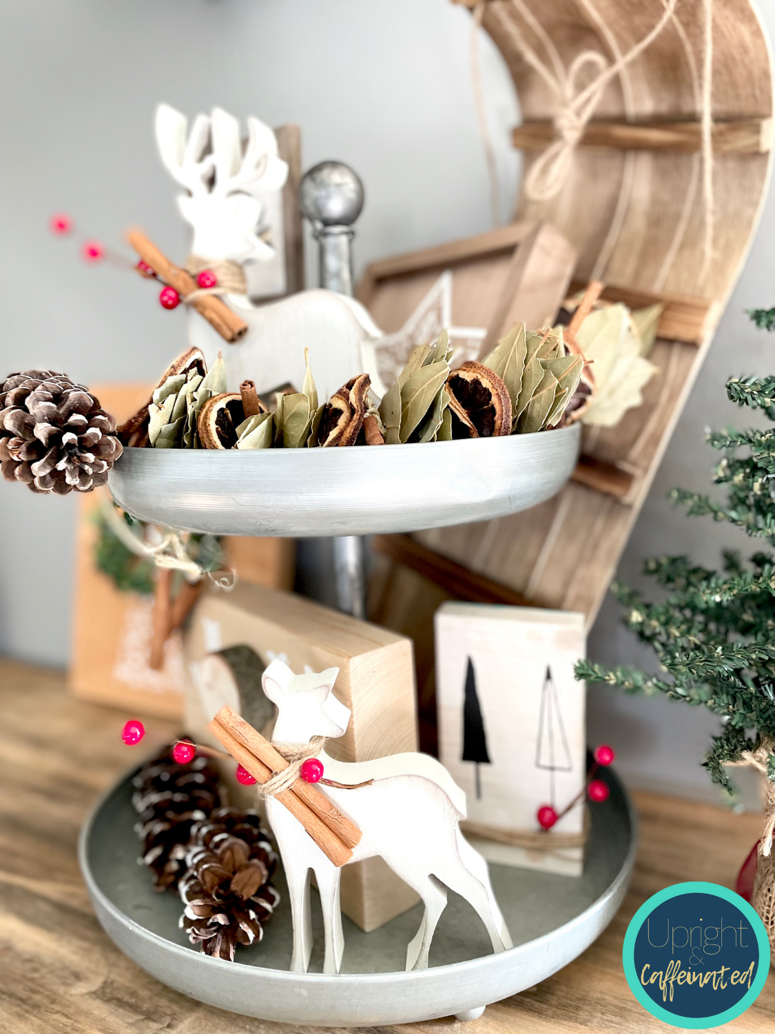 Farmhouse Tiered Tray with Wooden Deer and Natural Elements Farmhouse Tiered Tray with Wooden Deer and Natural Elements — Farmhouse Christmas Decor