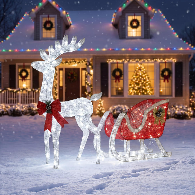 Traditional Lawn Display with Light-Up Reindeer and Sleigh — Christmas House Exterior Decor