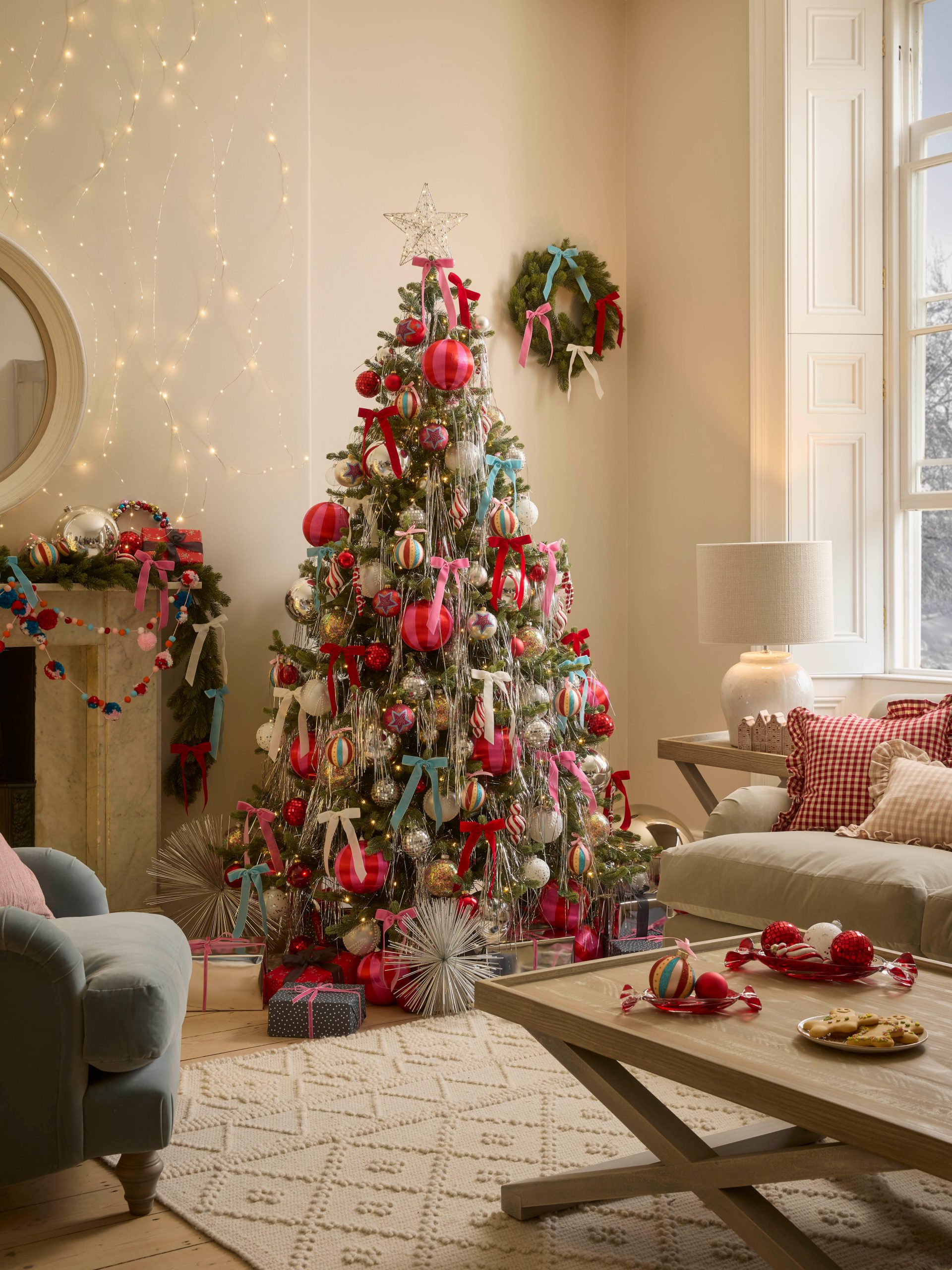 Tree As Central Decor Element Modern Living Room with a Red and Gold Christmas Tree