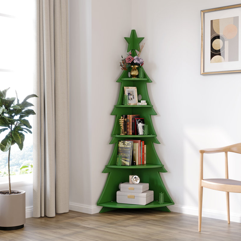 Unique Tree-Shaped Bookshelf with Festive Accents Unique Tree-Shaped Bookshelf with Festive Accents — Christmas Bookshelf Decor