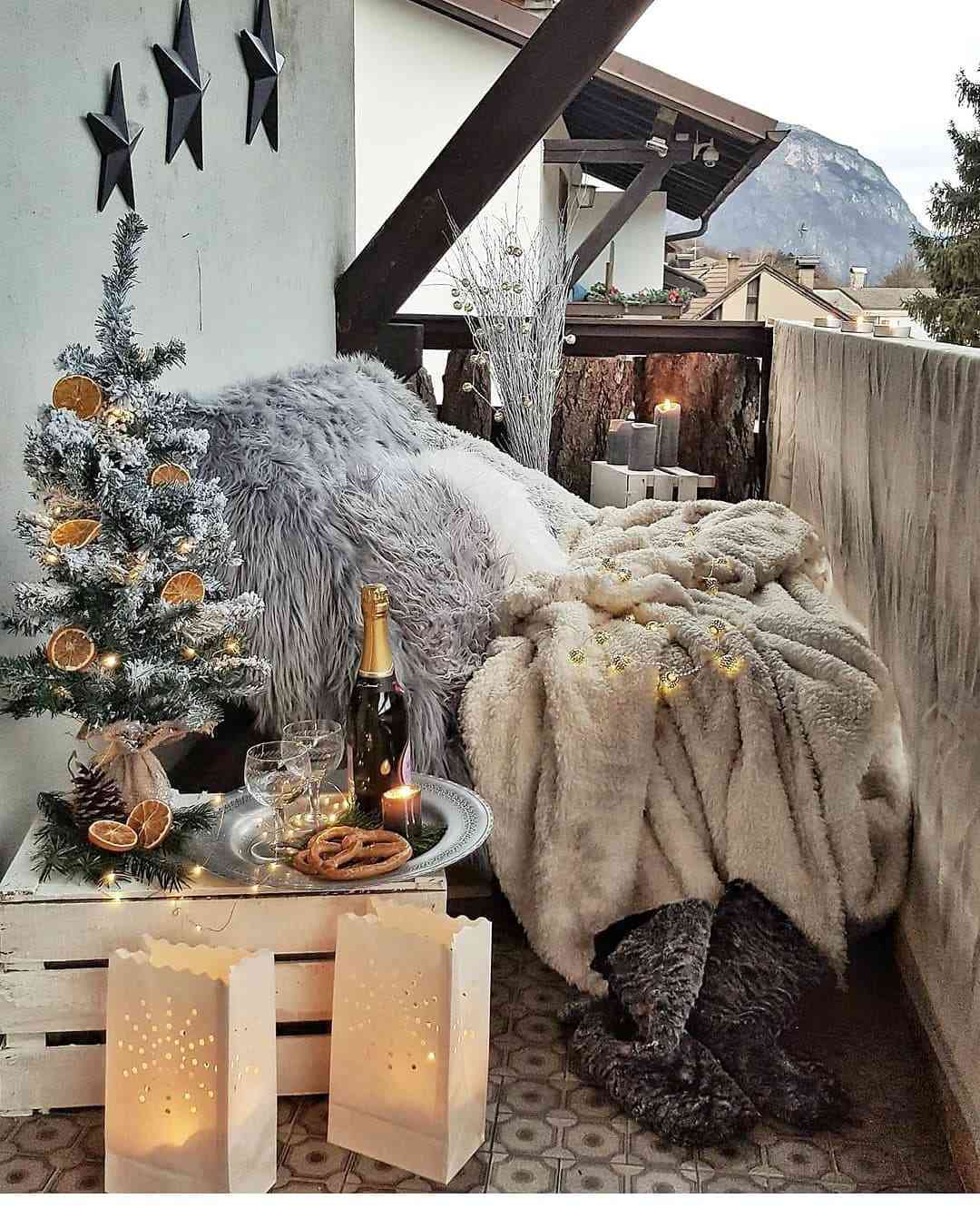 Cozy Modern Balcony Retreat with Mini Tree and Blankets Cozy Modern Balcony Retreat with Mini Tree and Blankets — Christmas Balcony Decor