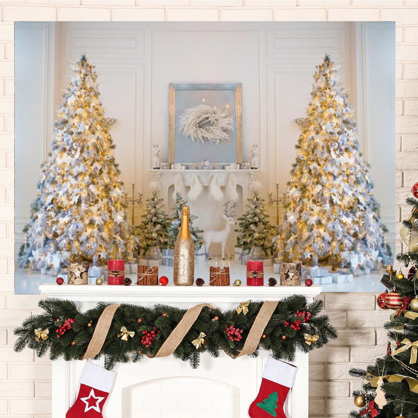 Elegant Christmas Tapestry with Flocked Trees and Fireplace Elegant Christmas Tapestry with Flocked Trees and Fireplace — Christmas Party Backdrop