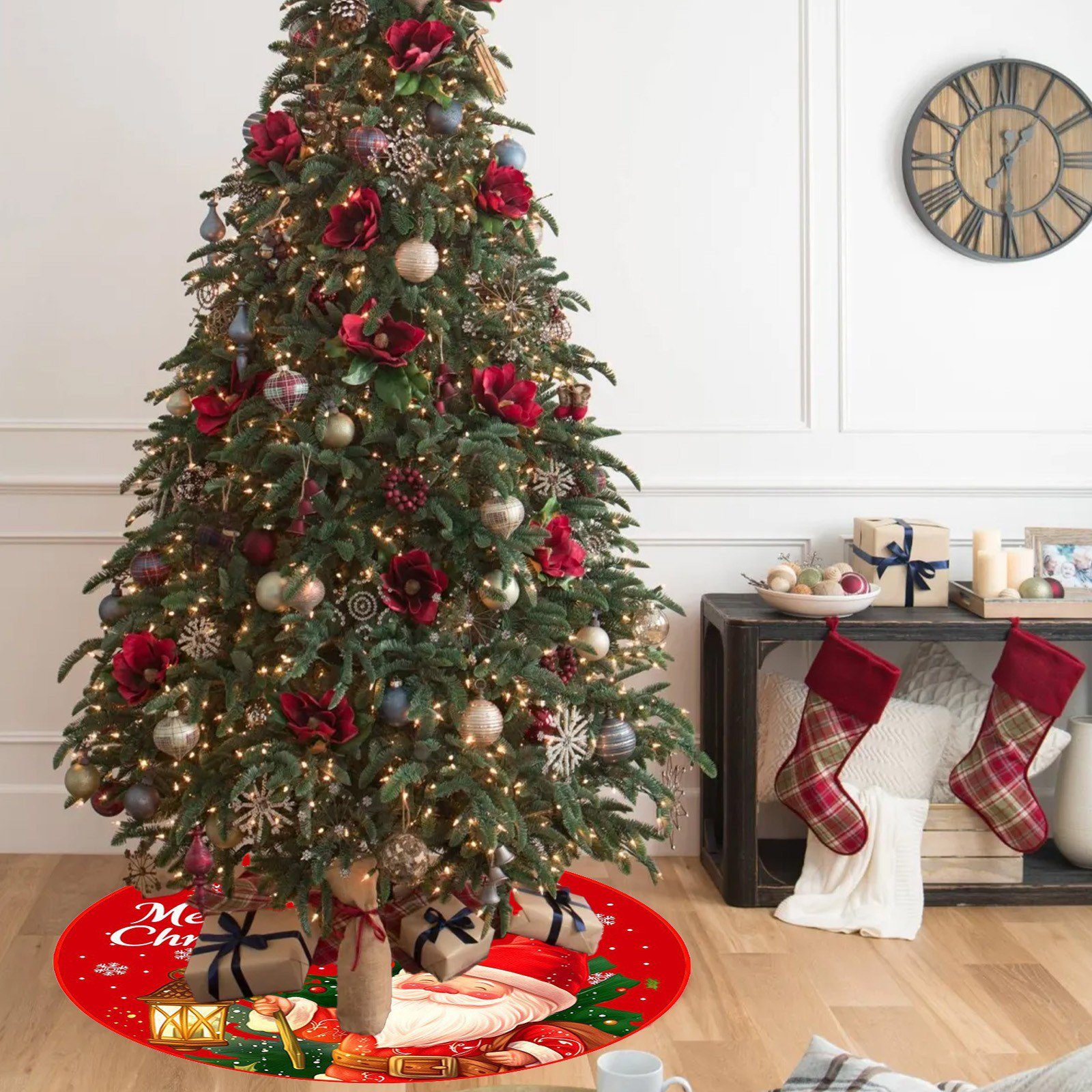 Traditional Red Tree Skirt Featuring a Festive Santa Claus Graphic — Christmas Tree Skirt