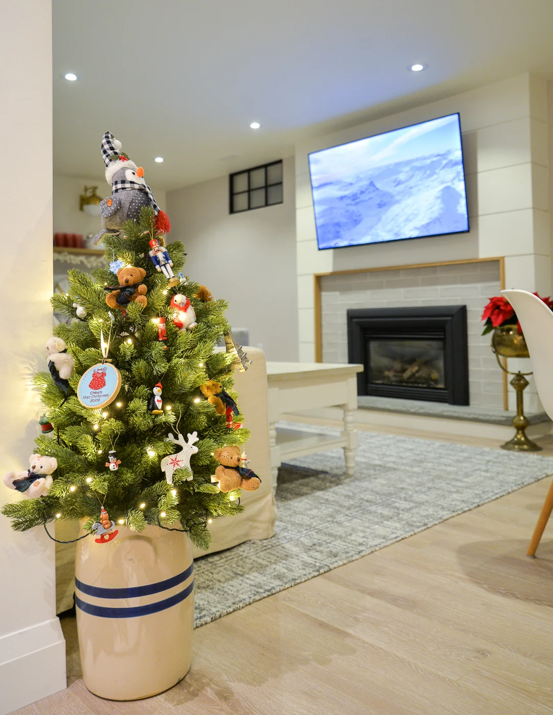 Whimsical Christmas Tree with Teddy Bear Ornaments in a Ceramic Pot Whimsical Christmas Tree with Teddy Bear Ornaments in a Ceramic Pot — Whimsical Christmas Decor